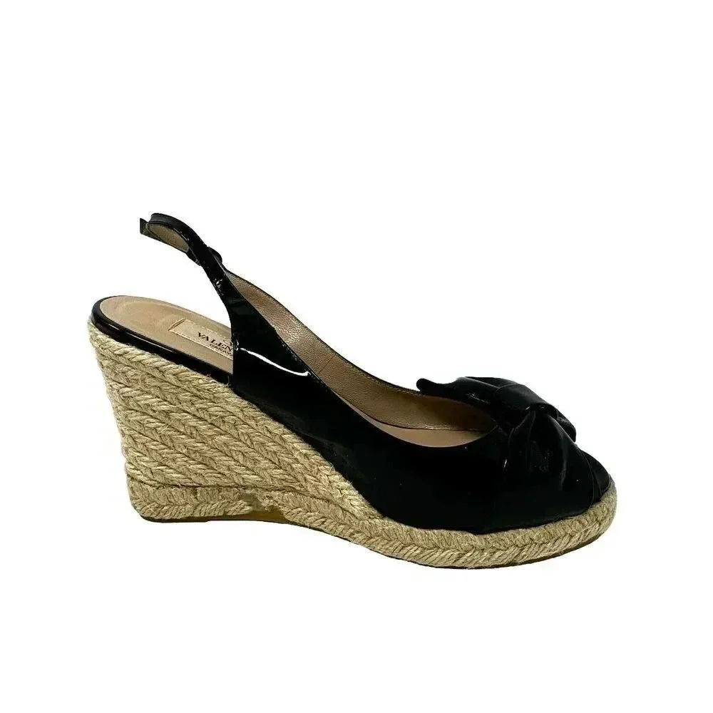Valentino Garavani size 7 37 Espadrille Wedge Black patent leather sandal w/box